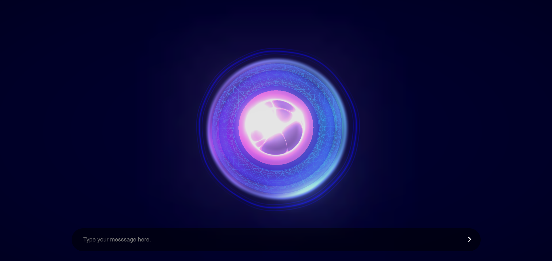 SermoBot interface: dark canvas with a glowing cyan-and-magenta orb and a pill-shaped chat input at the bottom