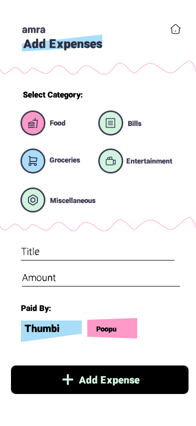 Add expense form with category picker, title, amount, and paid-by selector