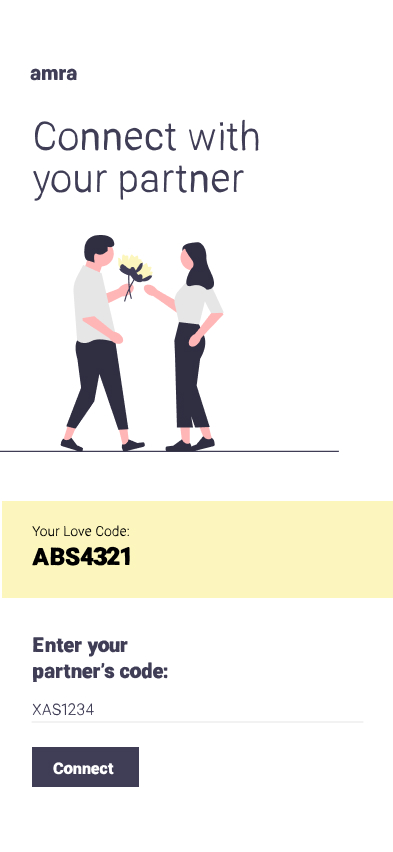 Connect screen showing personal code and partner code input