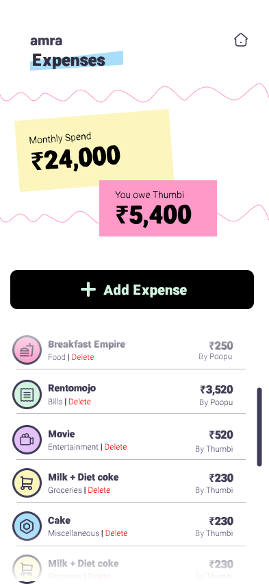 Expenses screen with monthly spend card, settlement info, and expense list