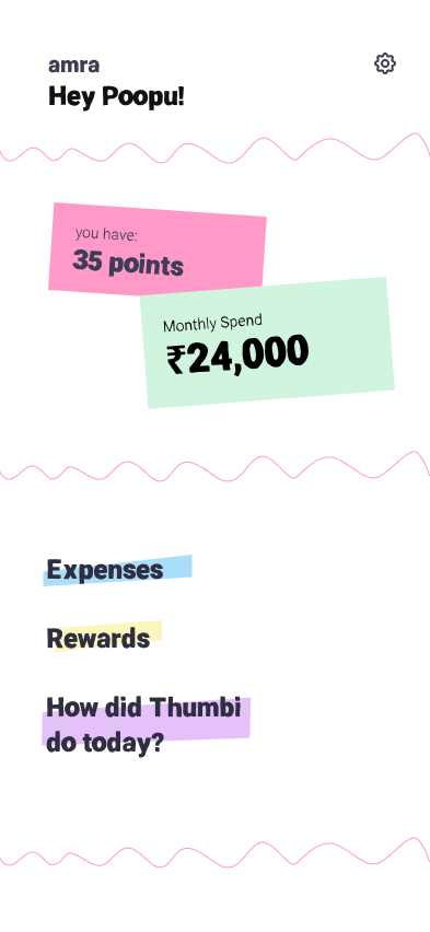 Home dashboard showing points, monthly spend, and quick navigation