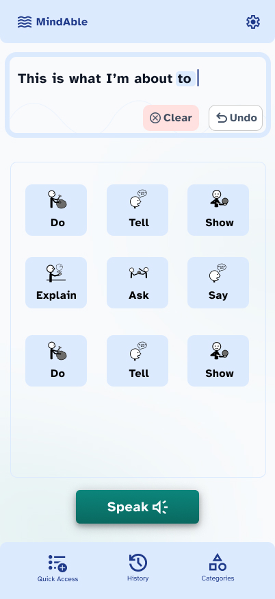 Tara home screen with sentence builder, large symbol buttons, Speak button, Clear, and Undo