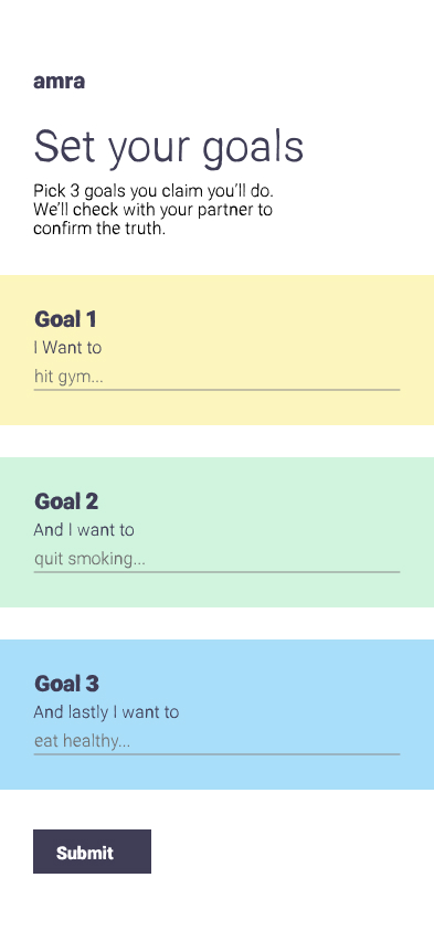 Set goals screen with three goal inputs in dark themed card layout