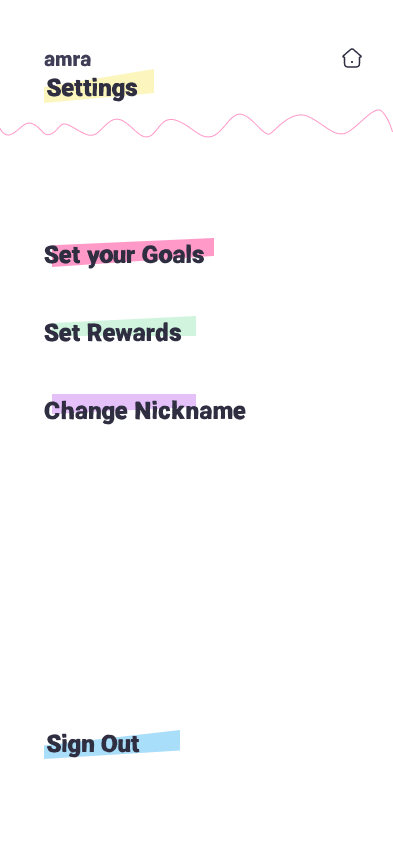 Settings screen with options to update goals, rewards, and nickname